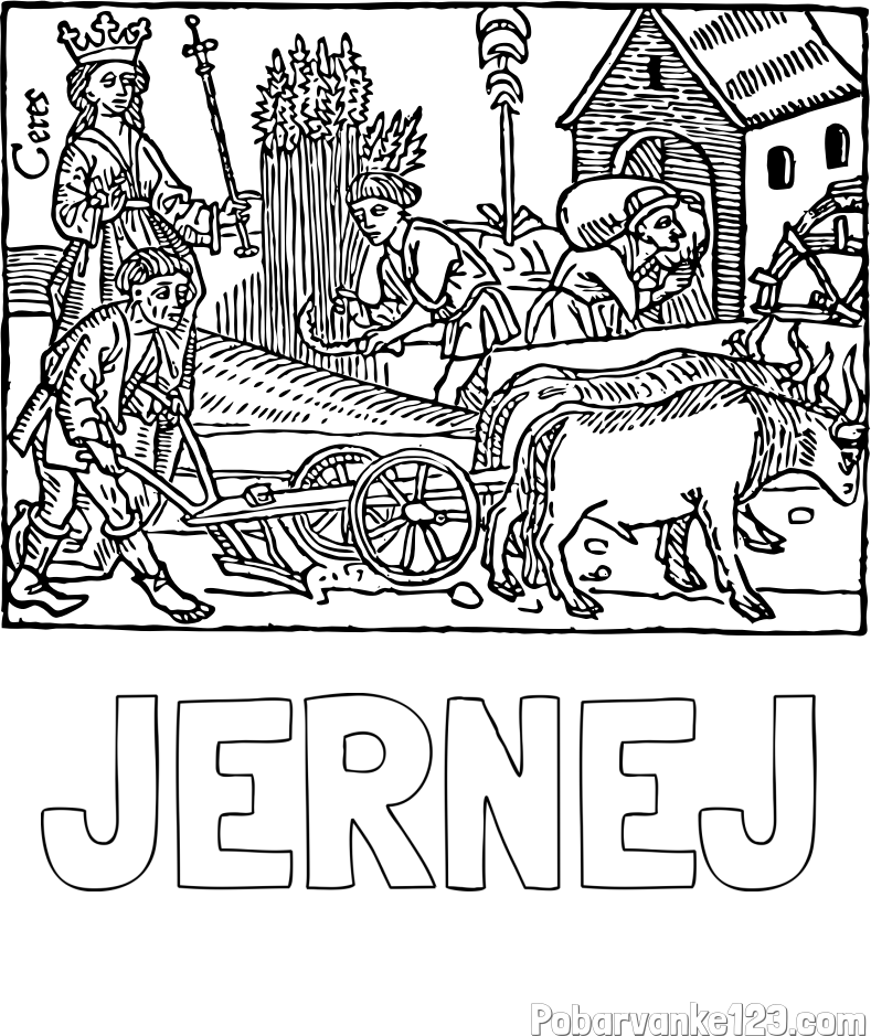 Pobarvanka imena JERNEJ in stara pobarvanka kmečkih opravil (oranje, žetev pšenice...)