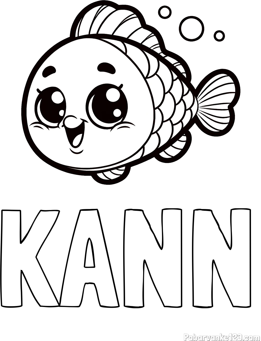 Pobarvanka imena KANN in otroška pobarvanka nasmejane ribe