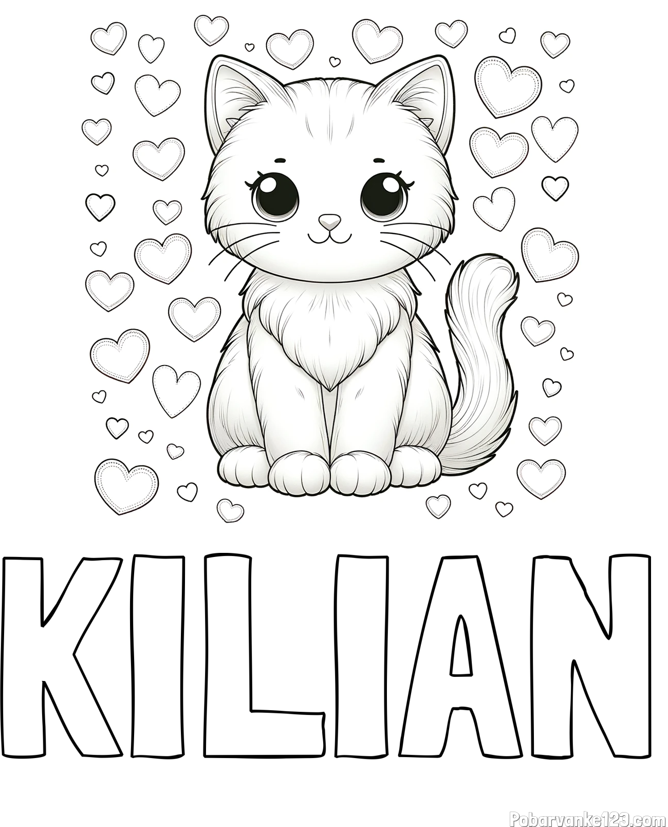 Pobarvanka imena KILIAN in pobarvanka ljubke mucke obdane s srčki