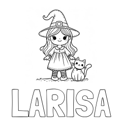 Online izdelana pobarvanka - Pobarvanka imena LARISA in Čudovita pobarvanka ljubke čarovnice in nasmejane mačke