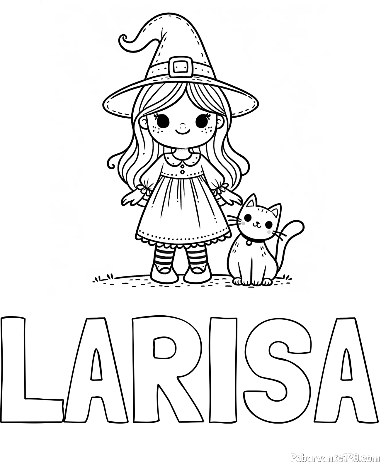 Pobarvanka imena LARISA in Čudovita pobarvanka ljubke čarovnice in nasmejane mačke