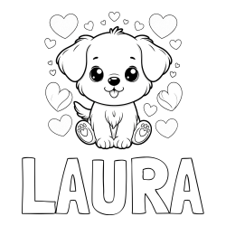 Online izdelana pobarvanka - Pobarvanka imena LAURA in pobarvanka ljubkega kužka obdanega s srčki