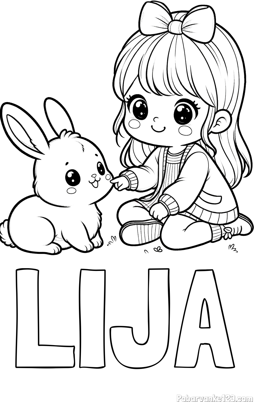 Pobarvanka imena LIJA in pobarvanka ljubke punčke, ki se igra z zajčkom