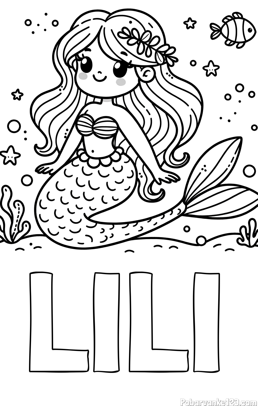 Pobarvanka imena LILI in pobarvanka ljubke morske deklice v morju