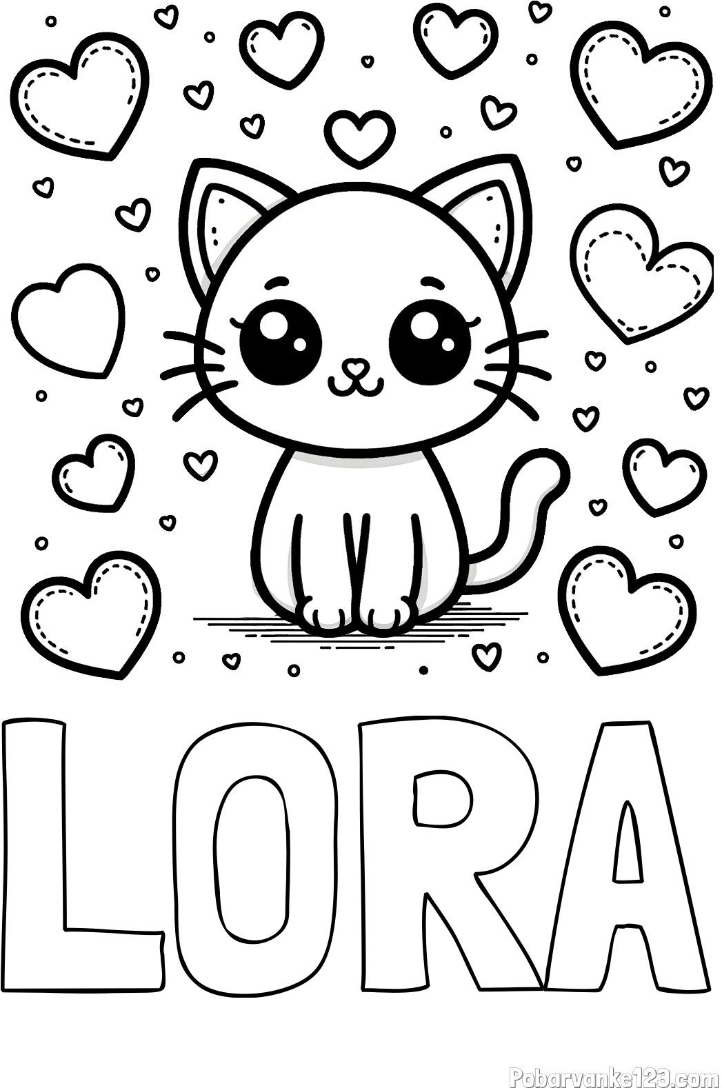 Pobarvanka imena LORA in pobarvanka ljubke mucke obdane z veliko srčki