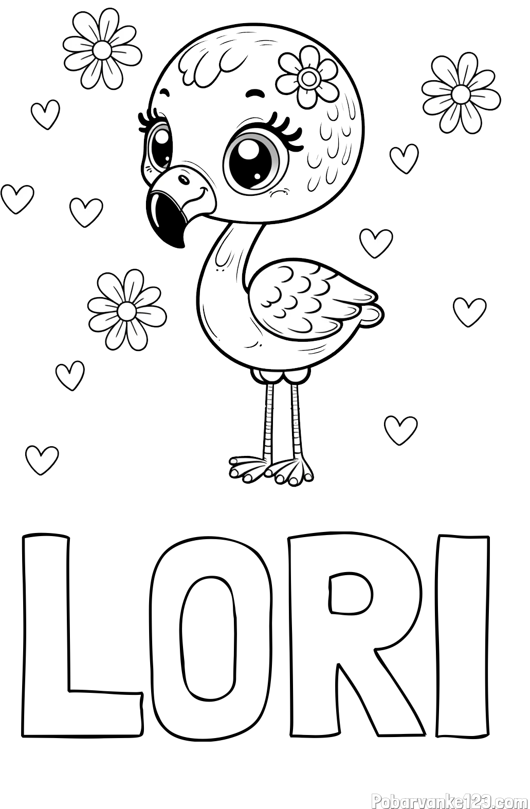 Pobarvanka imena LORI in pobarvanka mladička flaminga z rožicami in srčki