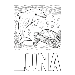 Online izdelana pobarvanka - Pobarvanka imena LUNA in pobarvanka ljubkega delfina in njegove prijateljice želve