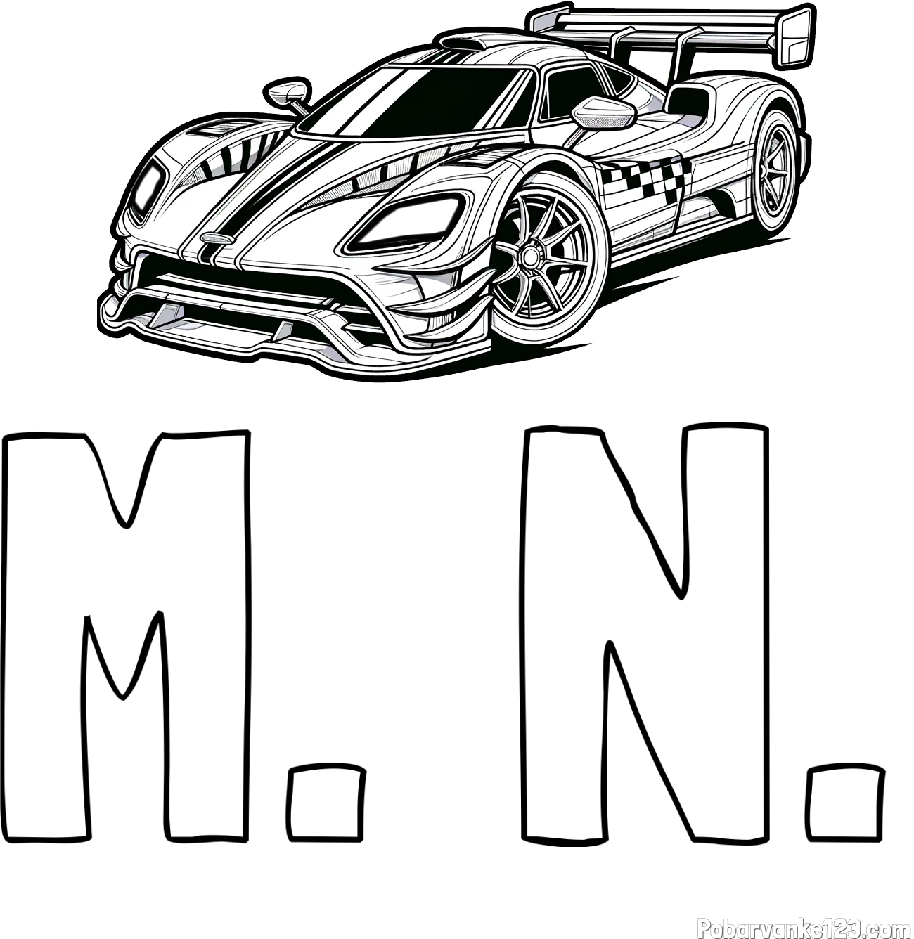 Pobarvanka imena M. N. in pobarvanka modernega športnega avtomobila
