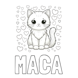 Online izdelana pobarvanka - Pobarvanka imena MACA in pobarvanka ljubke mucke obdane s srčki