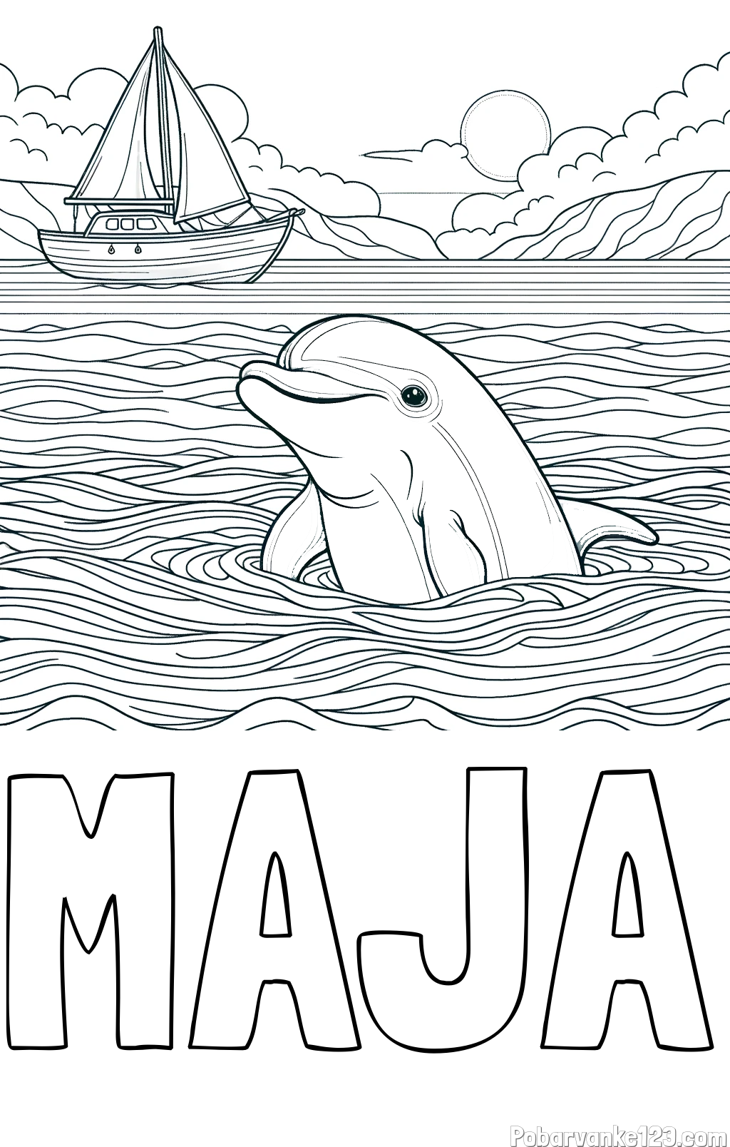 Pobarvanka imena MAJA in pobarvanka delfina v morju ter jadrnice