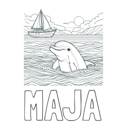 Online izdelana pobarvanka - Pobarvanka imena MAJA in pobarvanka delfina v morju ter jadrnice