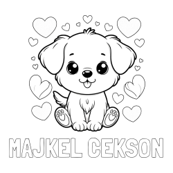 Online izdelana pobarvanka - Pobarvanka imena MAJKEL ČEKSON in pobarvanka ljubkega kužka obdanega s srčki