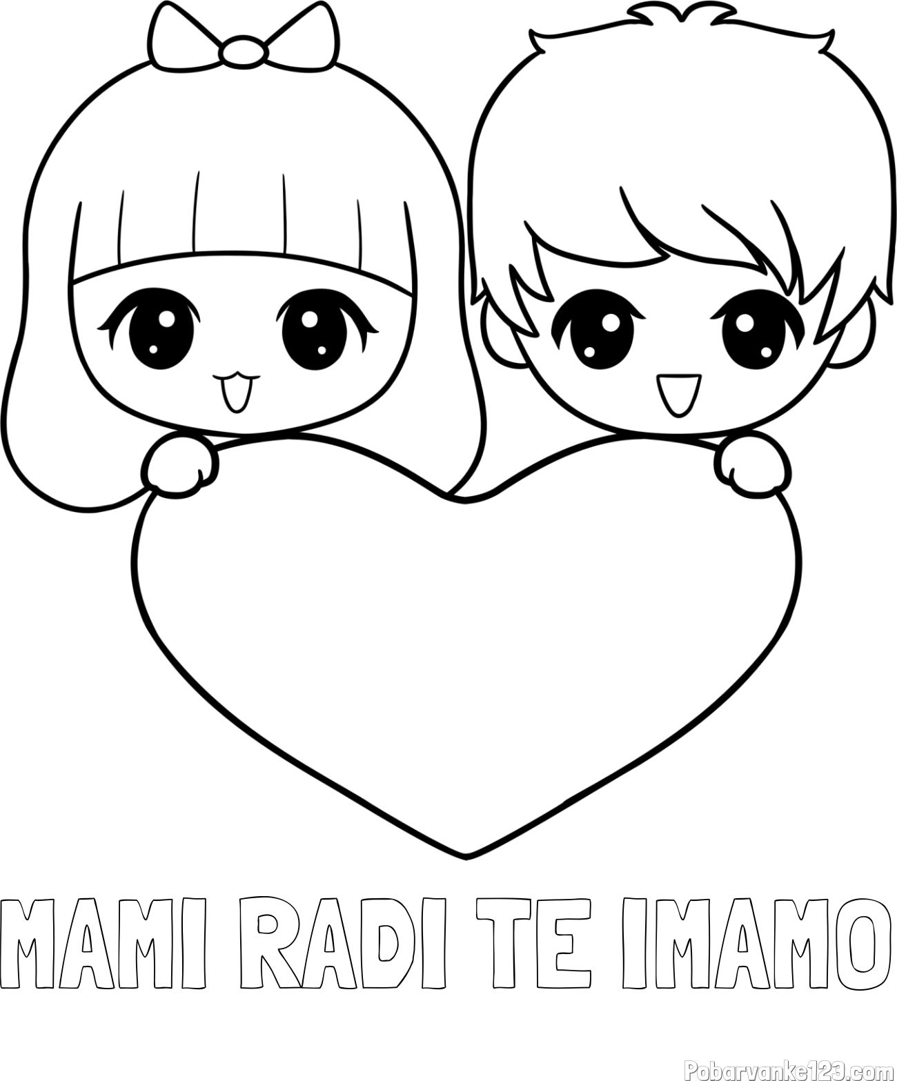 Pobarvanka imena MAMI RADI TE IMAMO in pobarvanka fantka in deklice, ki objemata srček