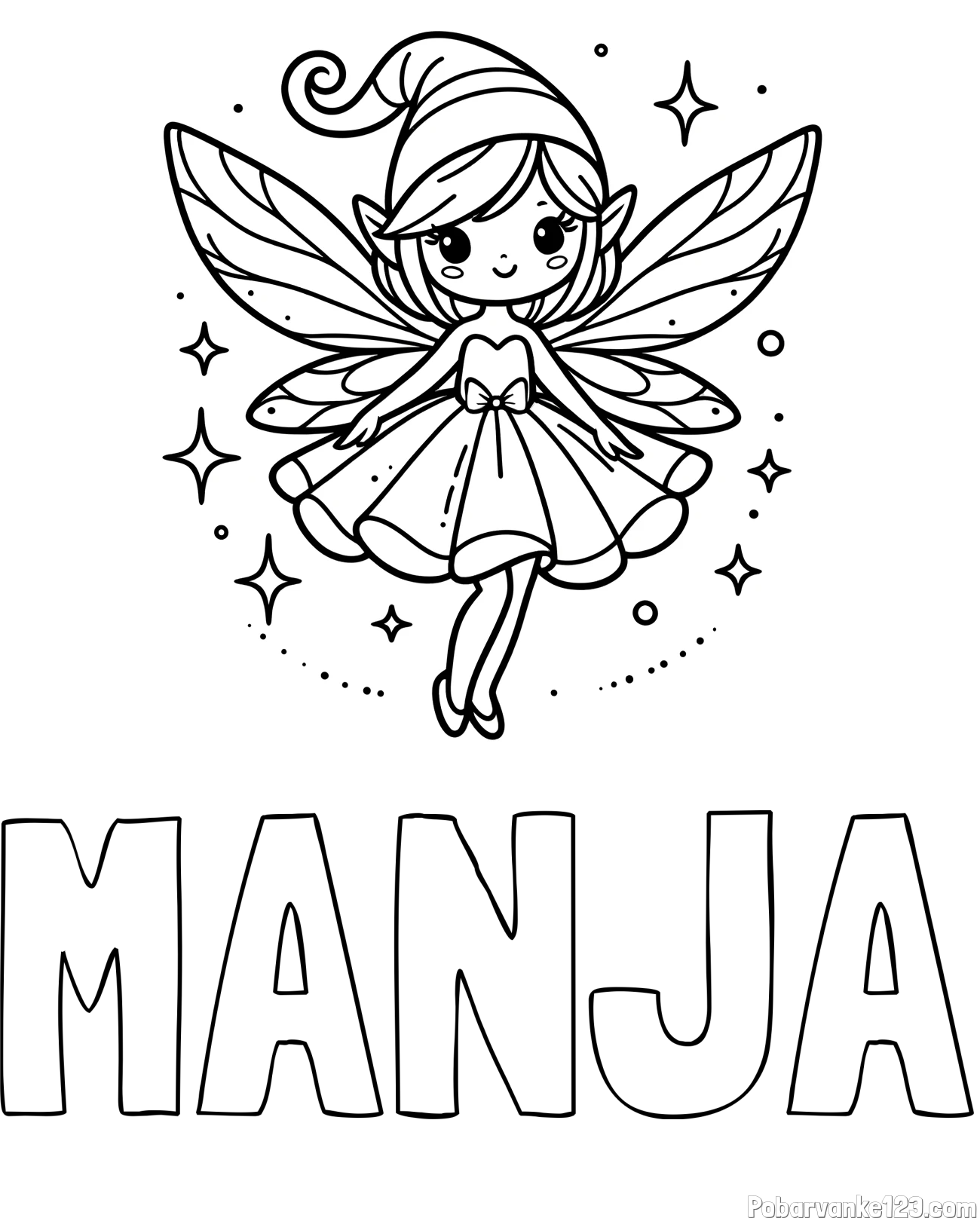 Pobarvanka imena MANJA in otroška pobarvanka čudovite vile
