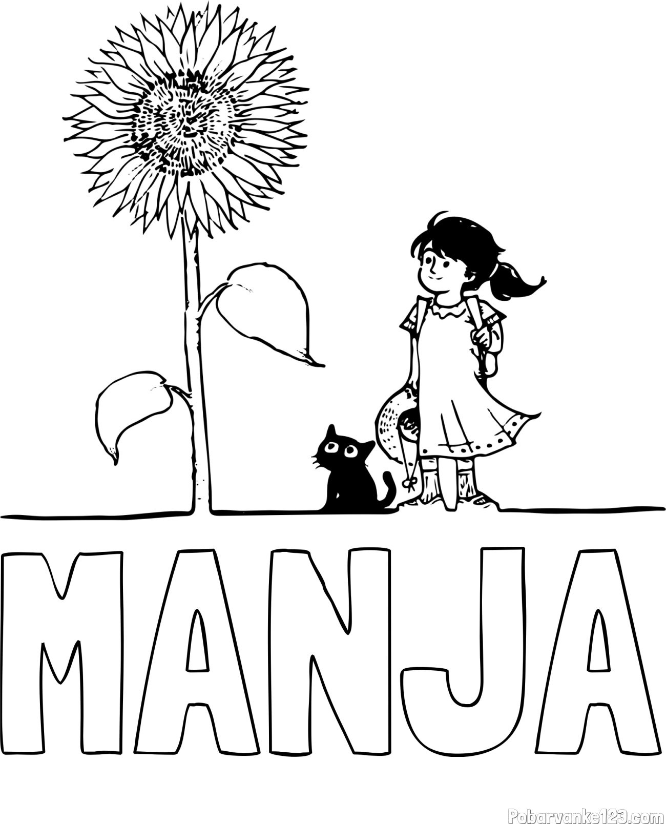 Pobarvanka imena MANJA in pobarvanka velike sončnice, deklice in ljubkega mačka