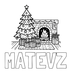 Online izdelana pobarvanka - Pobarvanka imena MATEVŽ in pobarvanka božične noči z božično smrečico, darili ter kaminom
