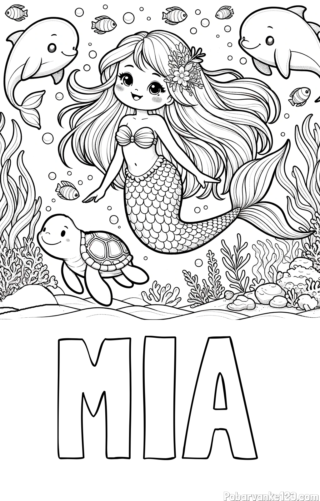 Pobarvanka imena MIA in pobarvana ljubke morske deklice s prijatelji