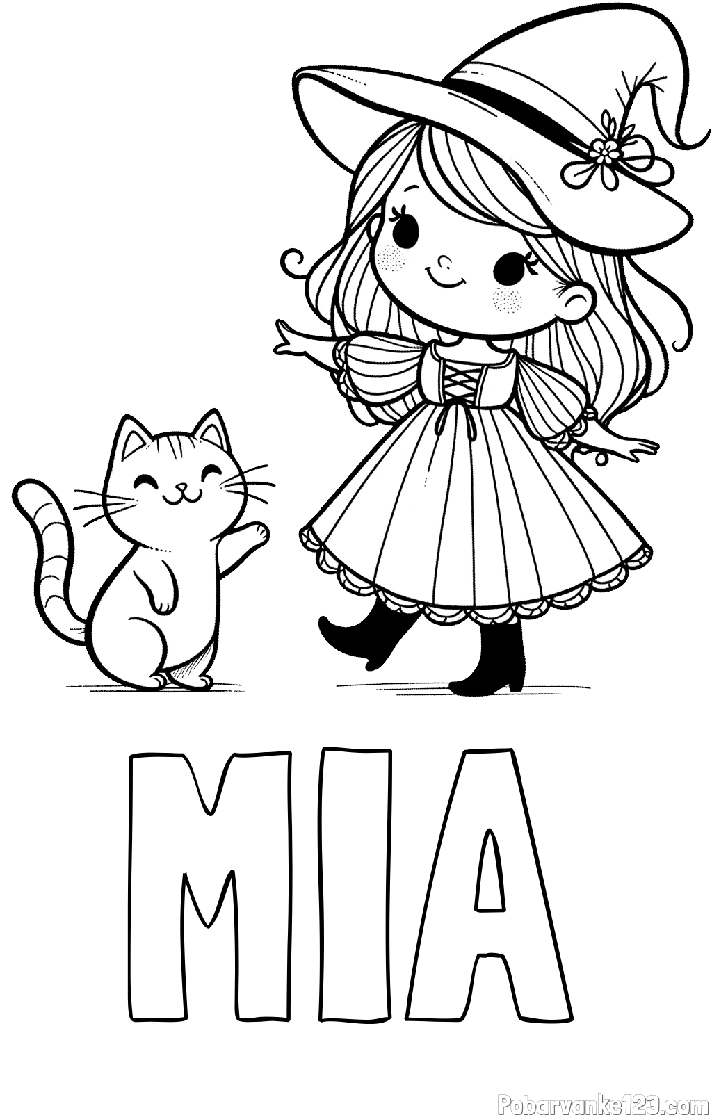 Pobarvanka imena MIA in pobarvanka ljubke čarovnice ter podrednega mačka