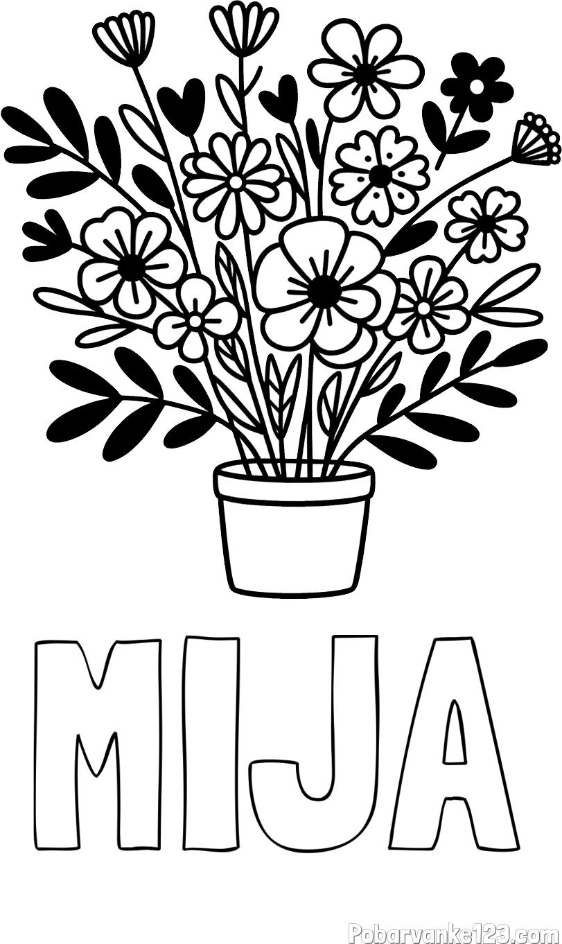 Pobarvanka imena MIJA in pobarvanka rož v cvetličnem loncu