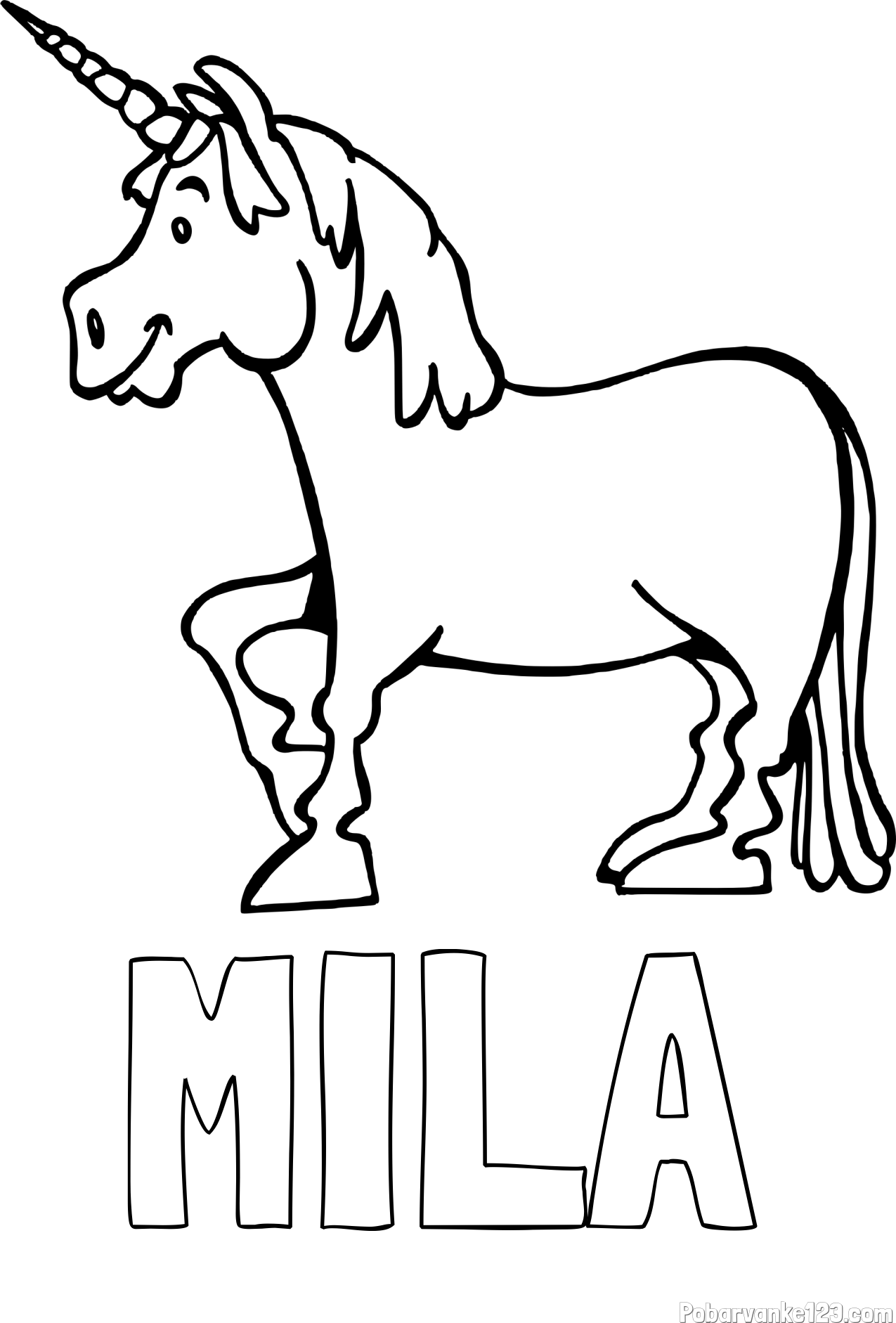 Pobarvanka imena MILA in pobarvanka veselega samoroga