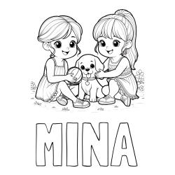 Online izdelana pobarvanka - Pobarvanka imena MINA in pobarvanka prijateljic s kužkom
