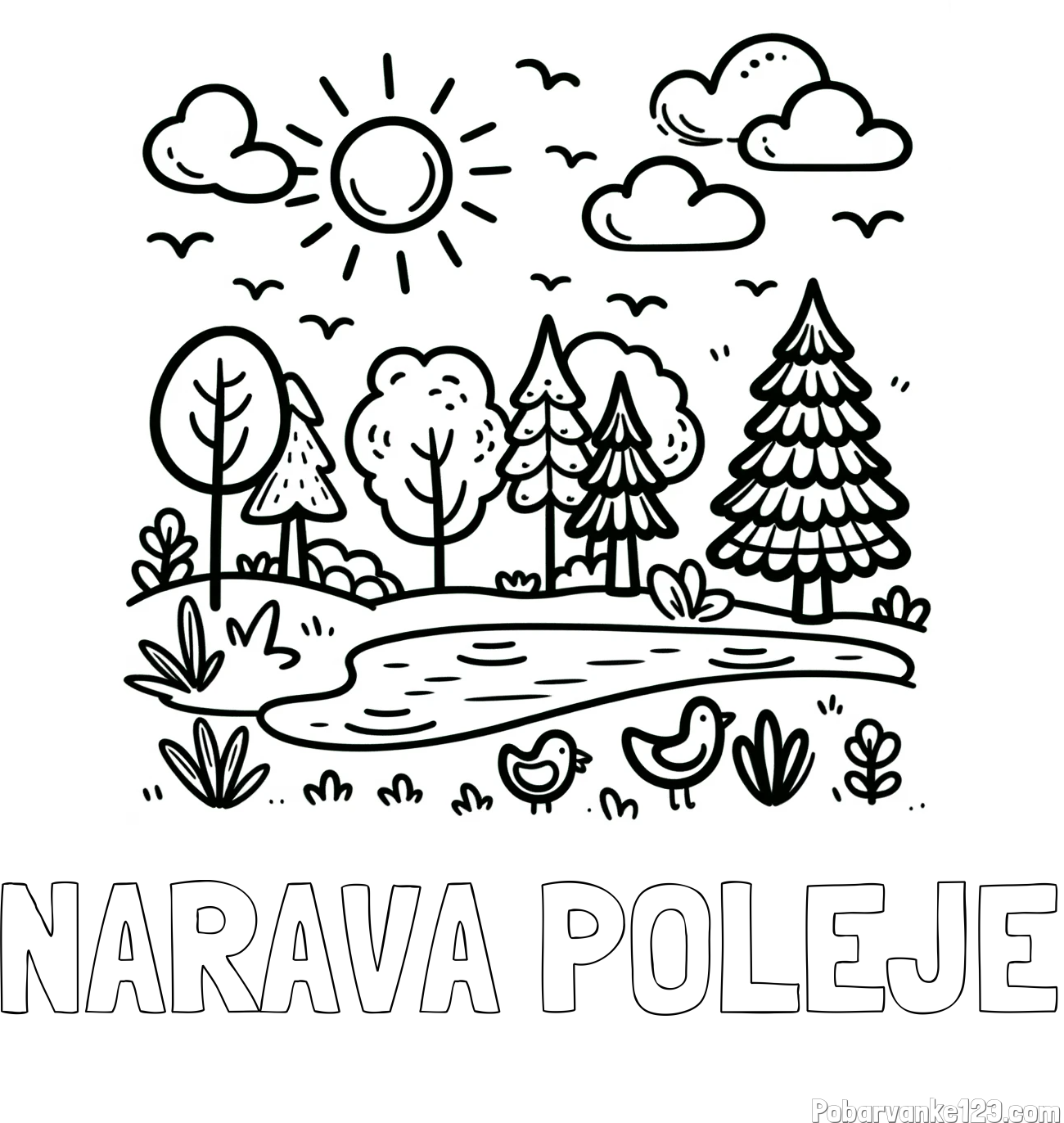 Pobarvanka imena NARAVA POLEJE in preprosta otroška pobarvanka narave