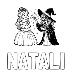 Online izdelana pobarvanka - Pobarvanka imena NATALI in pobarvanka zlobne čarovnice, ki poskuša začarati princesko