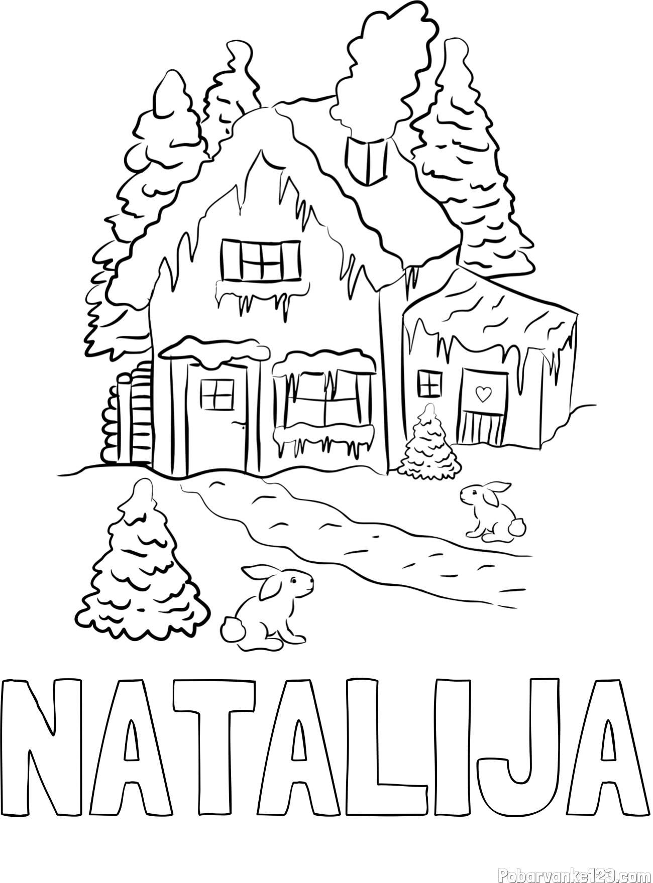 Pobarvanka imena NATALIJA in pobarvanka zasnežene hiše