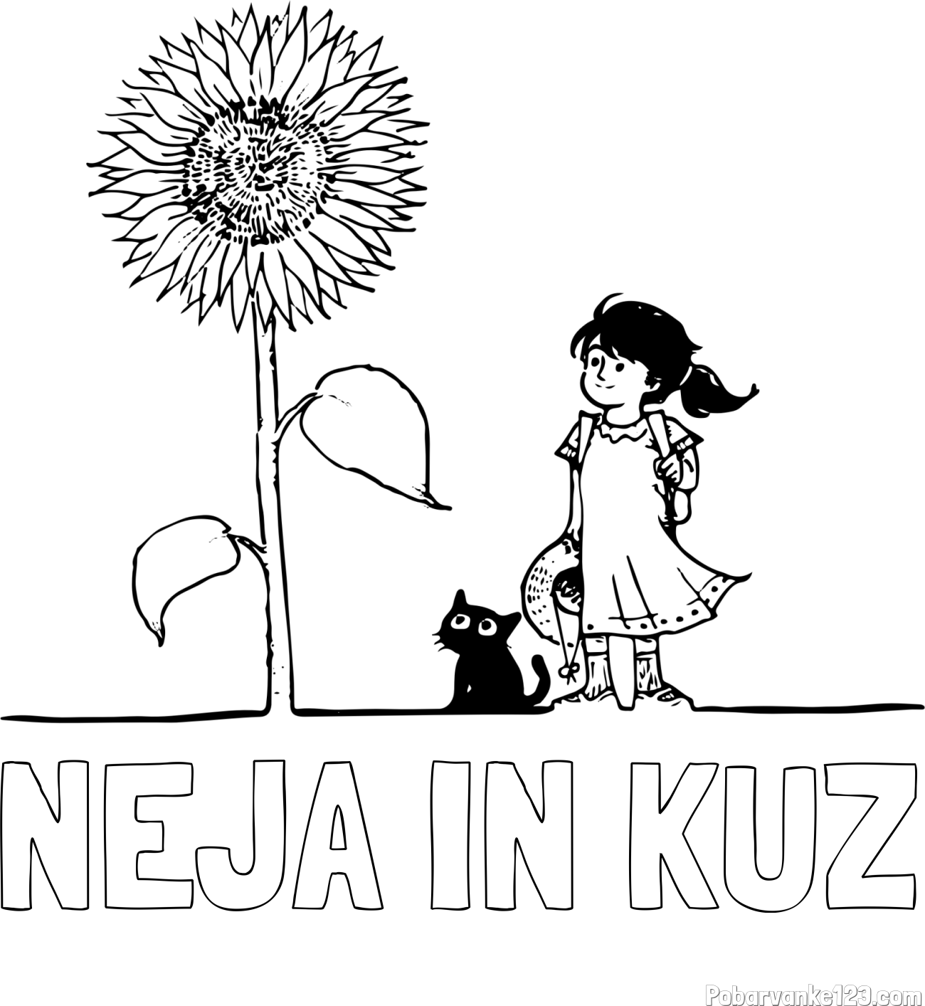 Pobarvanka imena NEJA IN KUŽ in pobarvanka velike sončnice, deklice in ljubkega mačka