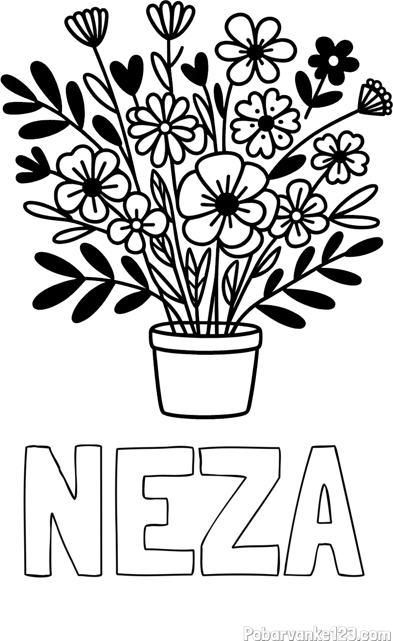 Pobarvanka imena NEŽA in pobarvanka rož v cvetličnem loncu