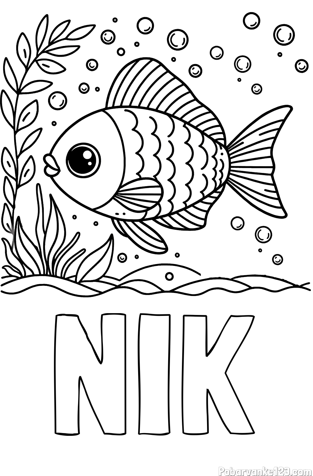 Pobarvanka imena NIK in otroška pobarvanka ljubke ribe