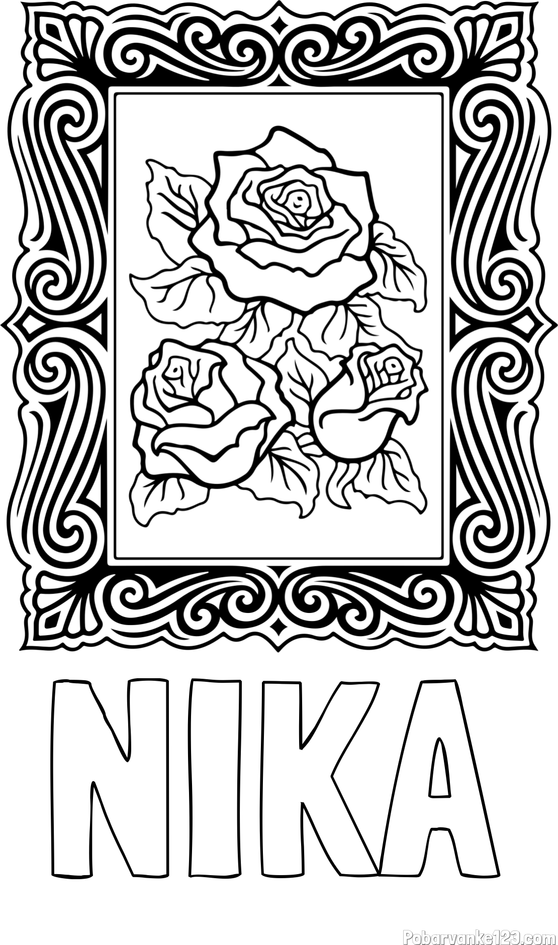 Pobarvanka imena NIKA in pobarvanka  uokvirjene slike vrtnic