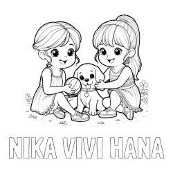 Online izdelana pobarvanka - Pobarvanka imena NIKA VIVI HANA in pobarvanka prijateljic s kužkom