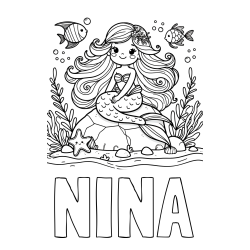 Online izdelana pobarvanka - Pobarvanka imena NINA in pobarvanka prikupne male morske deklice