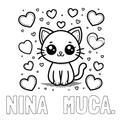 Pobarvanka imena NINA   MUCA. in pobarvanka ljubke mucke obdane z veliko srčki