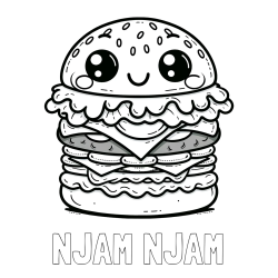 Online izdelana pobarvanka - Pobarvanka imena NJAM NJAM in otroška pobarvanka nasmejanega hamburgerja
