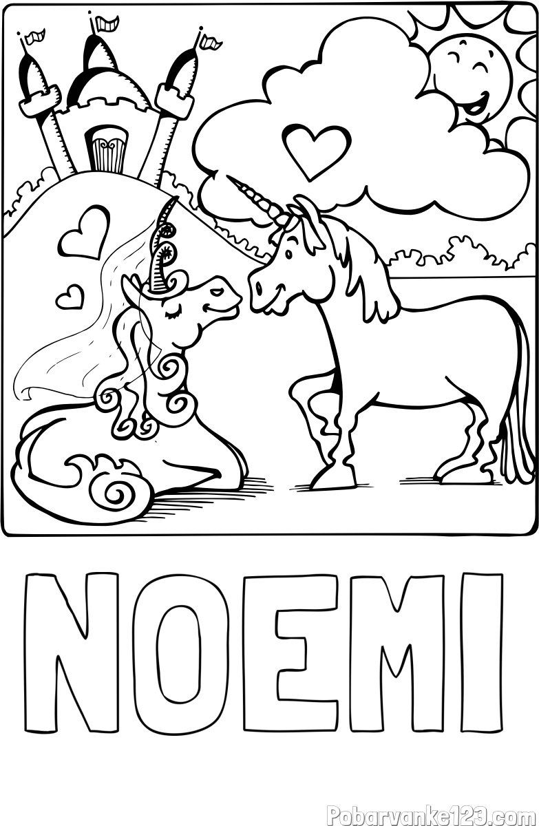 Pobarvanka imena NOEMI in pobarvanka zaljubljenih samorogov