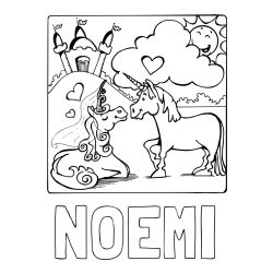 Online izdelana pobarvanka - Pobarvanka imena NOEMI in pobarvanka zaljubljenih samorogov
