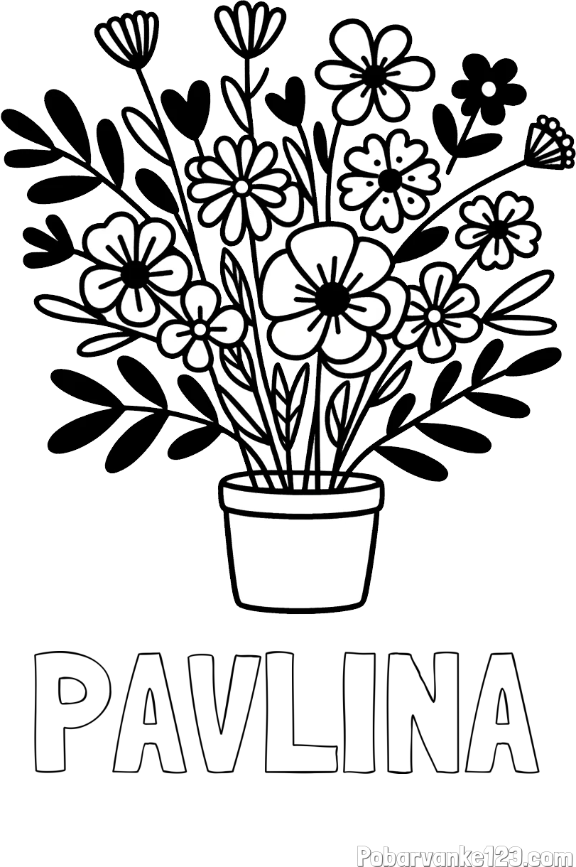 Pobarvanka imena PAVLINA in pobarvanka rož v cvetličnem loncu