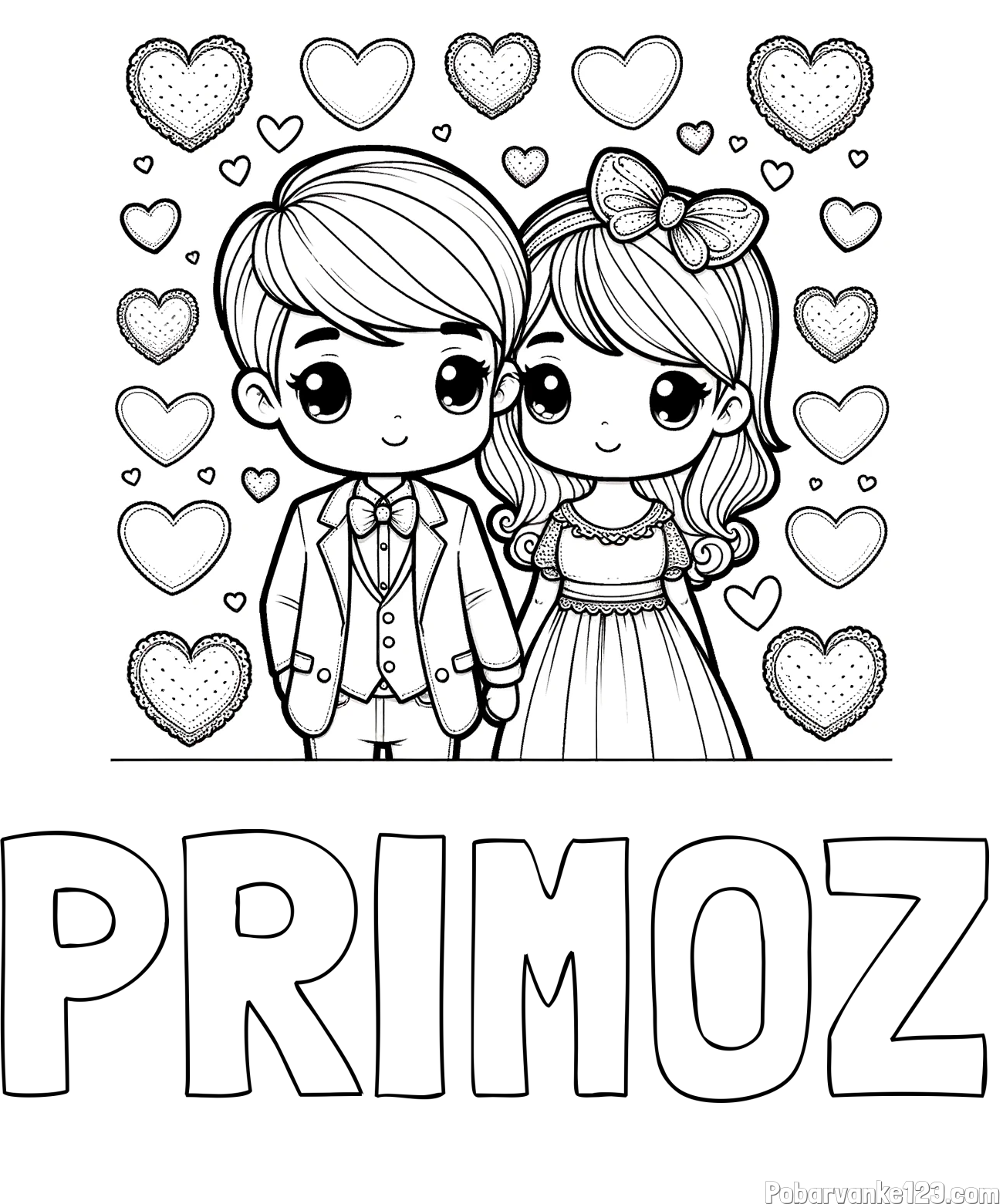 Pobarvanka imena PRIMOŽ in pobarvanka dveh zaljubljencev s srčki