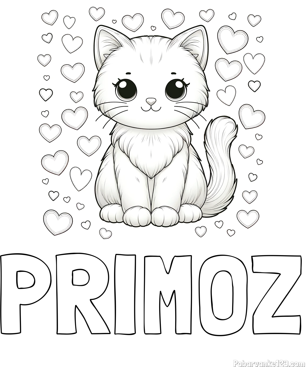 Pobarvanka imena PRIMOŽ in pobarvanka ljubke mucke obdane s srčki
