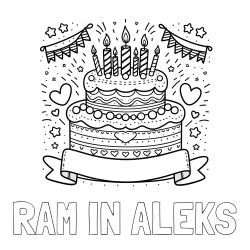 Online izdelana pobarvanka - Pobarvanka imena RAM IN ALEKS in pobarvanka velike torte za rojstni dan