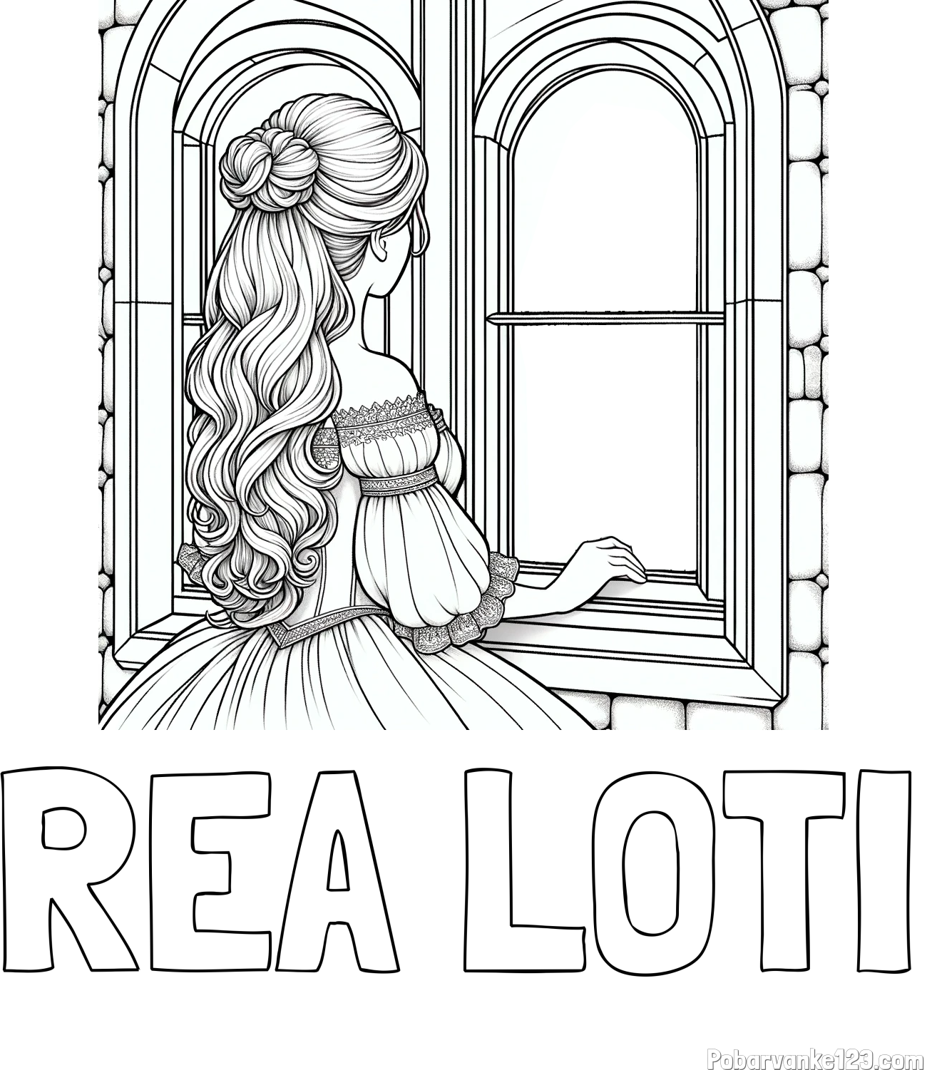 Pobarvanka imena REA LOTI in pobarvanka princese, ki gleda skozi okno