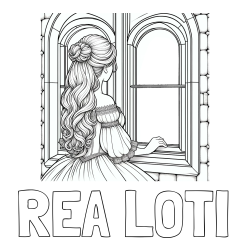 Online izdelana pobarvanka - Pobarvanka imena REA LOTI in pobarvanka princese, ki gleda skozi okno