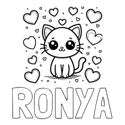 Online izdelana pobarvanka - Pobarvanka imena RONYA in pobarvanka ljubke mucke obdane z veliko srčki
