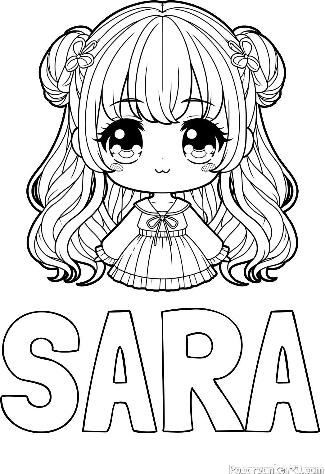 Pobarvanka imena SARA in pobarvanka prikupne punčke v anime slogu