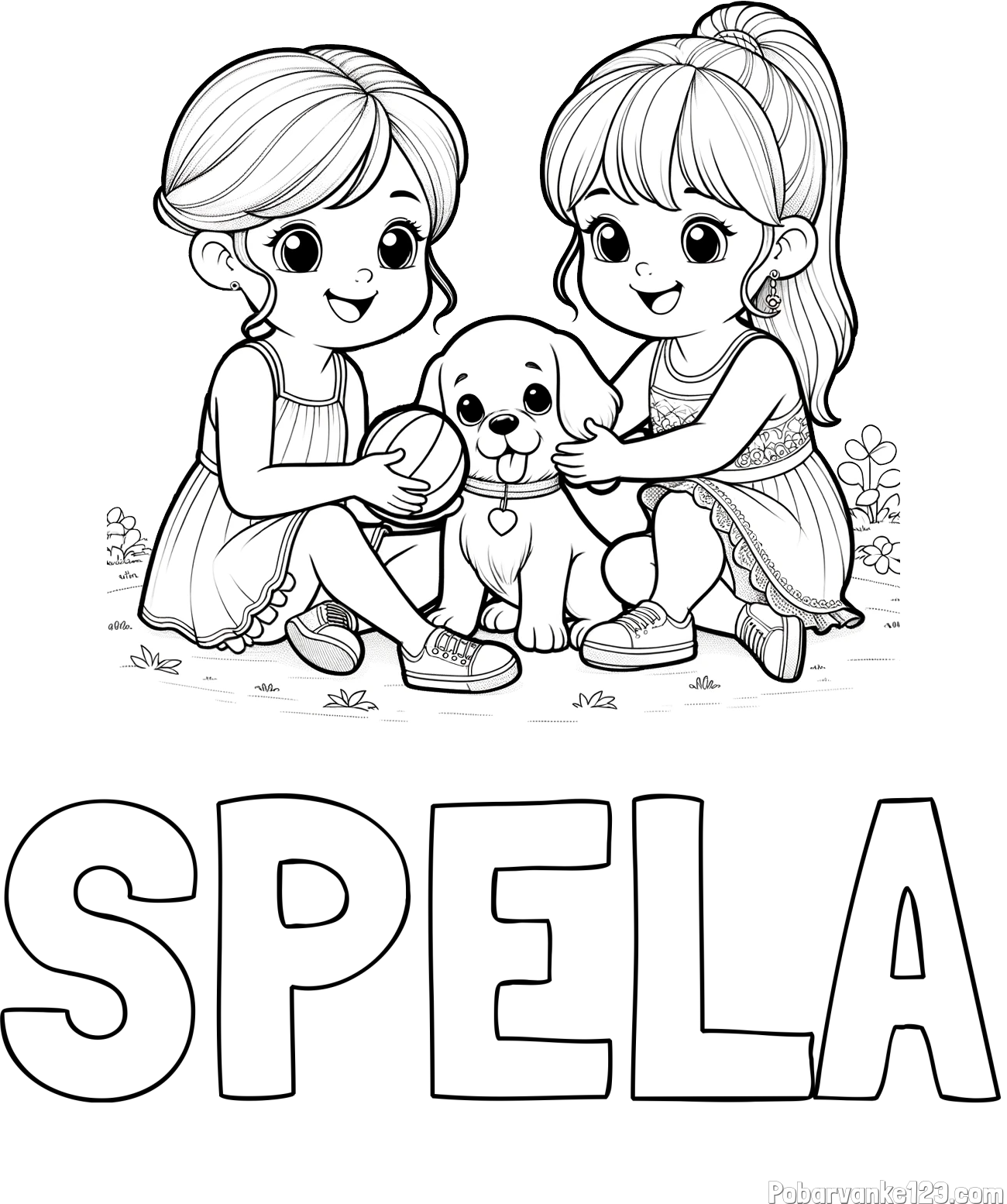 Pobarvanka imena ŠPELA in pobarvanka prijateljic s kužkom