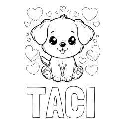 Online izdelana pobarvanka - Pobarvanka imena TACI in pobarvanka ljubkega kužka obdanega s srčki