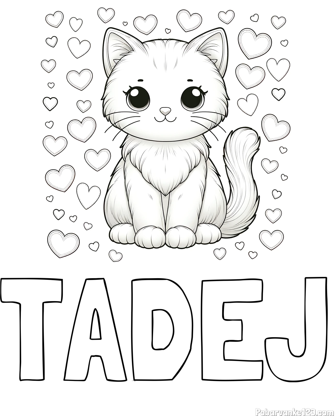 Pobarvanka imena TADEJ in pobarvanka ljubke mucke obdane s srčki