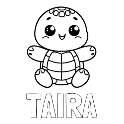 Online izdelana pobarvanka - Pobarvanka imena TAIRA in otroška pobarvanka ljubke in nasmejane želvice